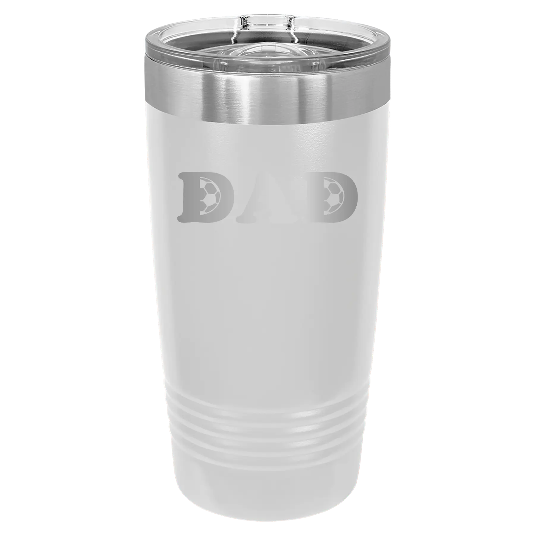Laser etched white 20 oz vacuum insulated tumbler with 'Soccer Dad' design