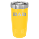 Laser etched yellow 20 oz vacuum insulated tumbler with 'Soccer Dad' design