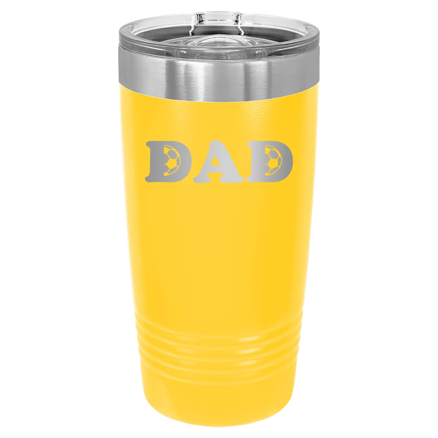 Laser etched yellow 20 oz vacuum insulated tumbler with 'Soccer Dad' design
