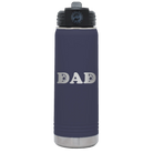 Laser etched navy 20 oz vacuum insulated water bottle with 'Soccer Dad' design