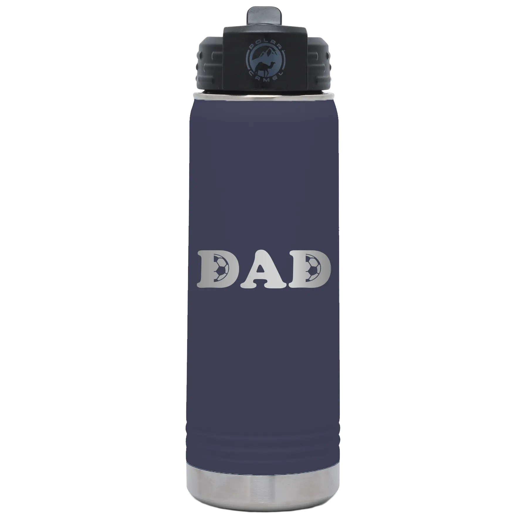 Laser etched navy 20 oz vacuum insulated water bottle with 'Soccer Dad' design
