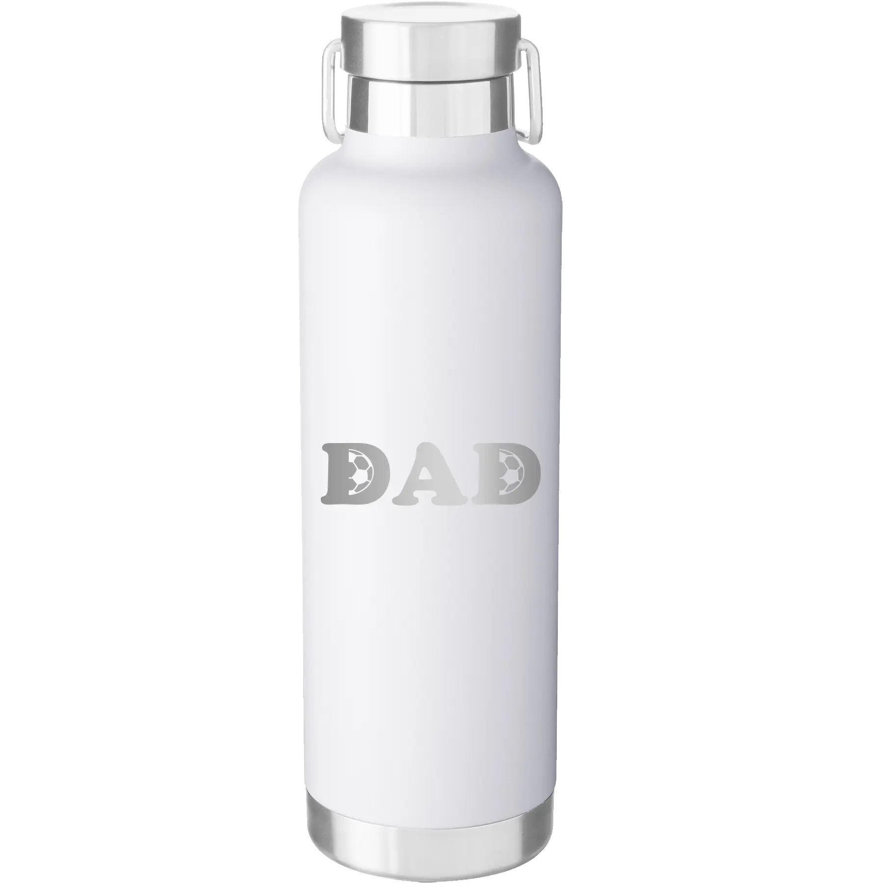 Laser etched white 24 oz vacuum insulated water bottle with 'Soccer Dad' design
