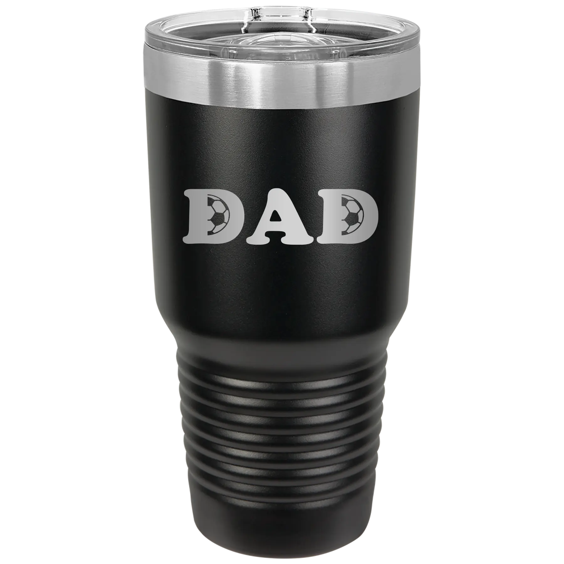 Laser etched black 30 oz vacuum insulated tumbler with 'Soccer Dad' design