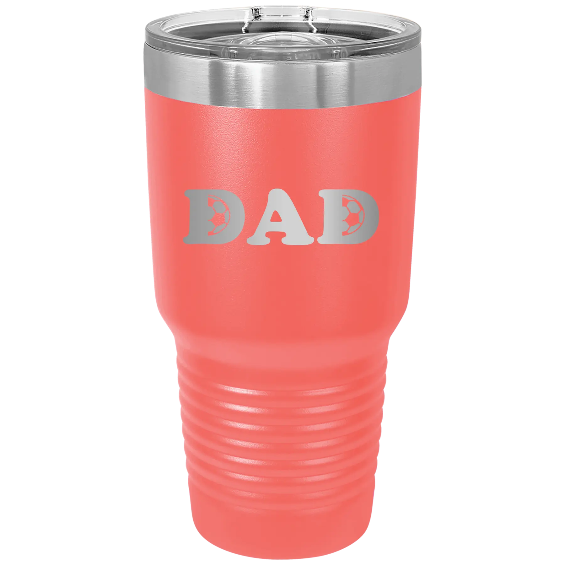 Laser etched coral 30 oz vacuum insulated tumbler with 'Soccer Dad' design