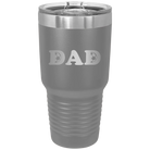 Laser etched dark gray 30 oz vacuum insulated tumbler with 'Soccer Dad' design