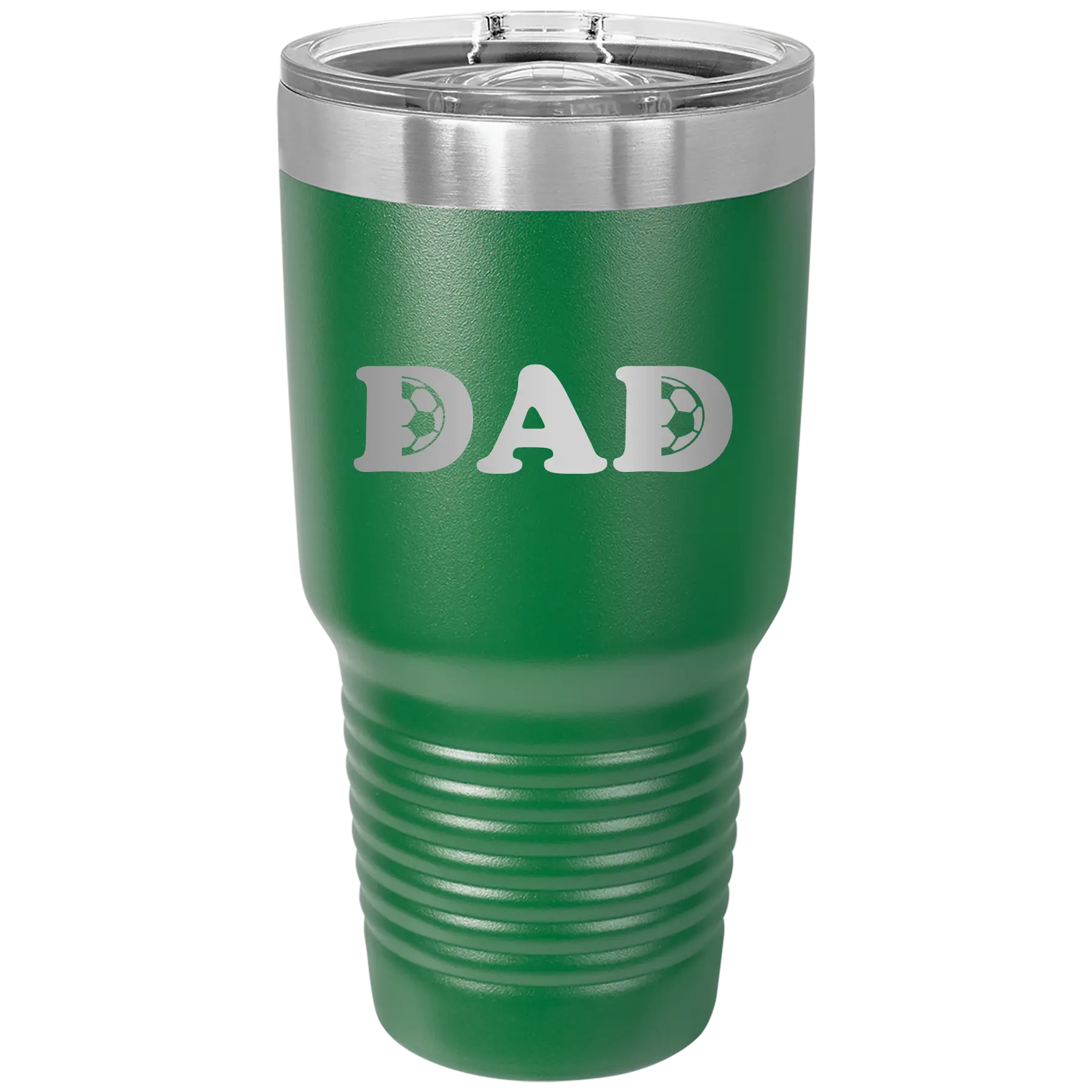 Laser etched green 30 oz vacuum insulated tumbler with 'Soccer Dad' design
