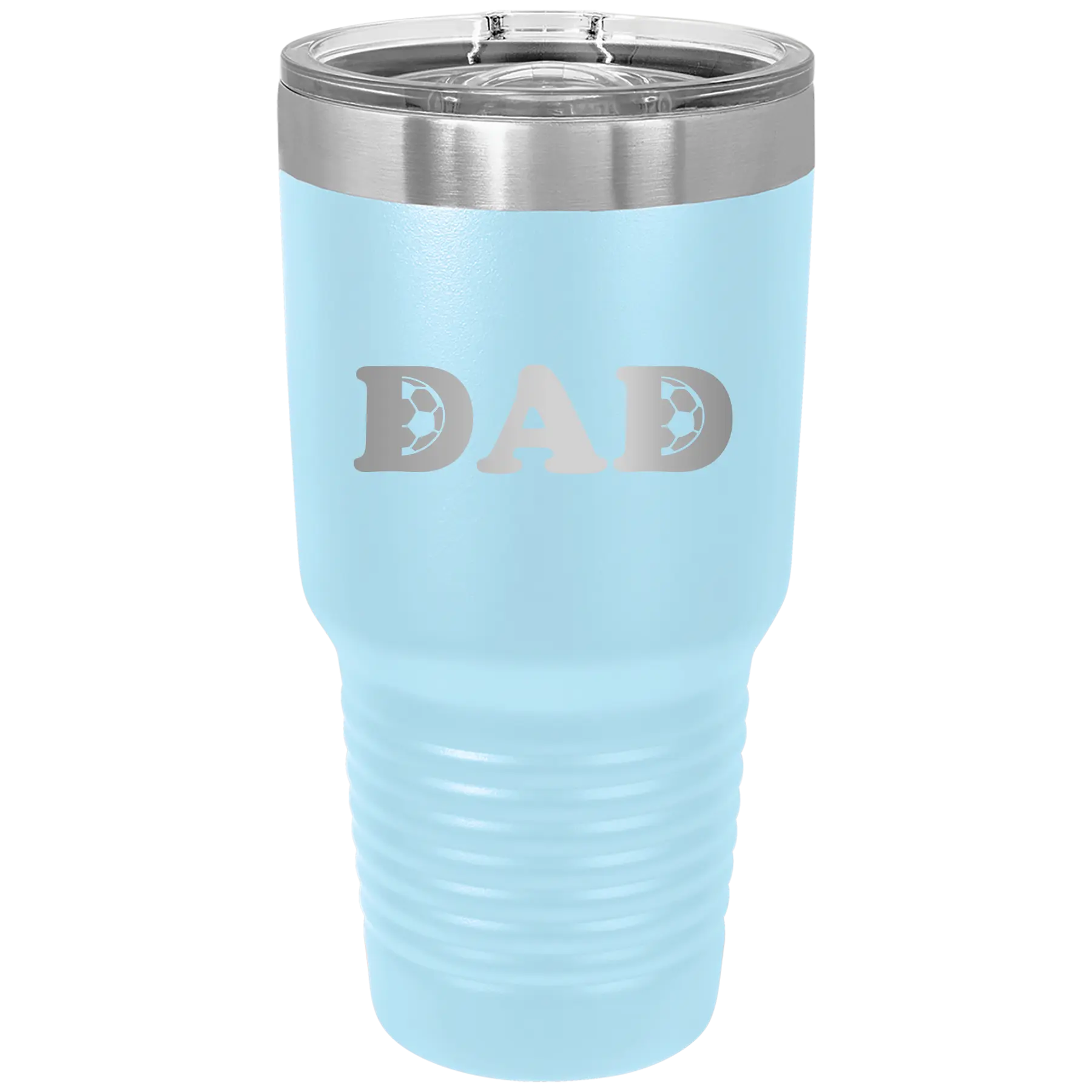 Laser etched light blue 30 oz vacuum insulated tumbler with 'Soccer Dad' design