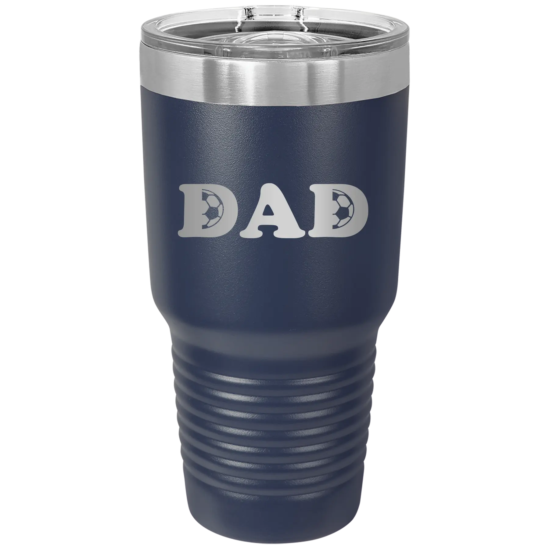 Laser etched navy 30 oz vacuum insulated tumbler with 'Soccer Dad' design