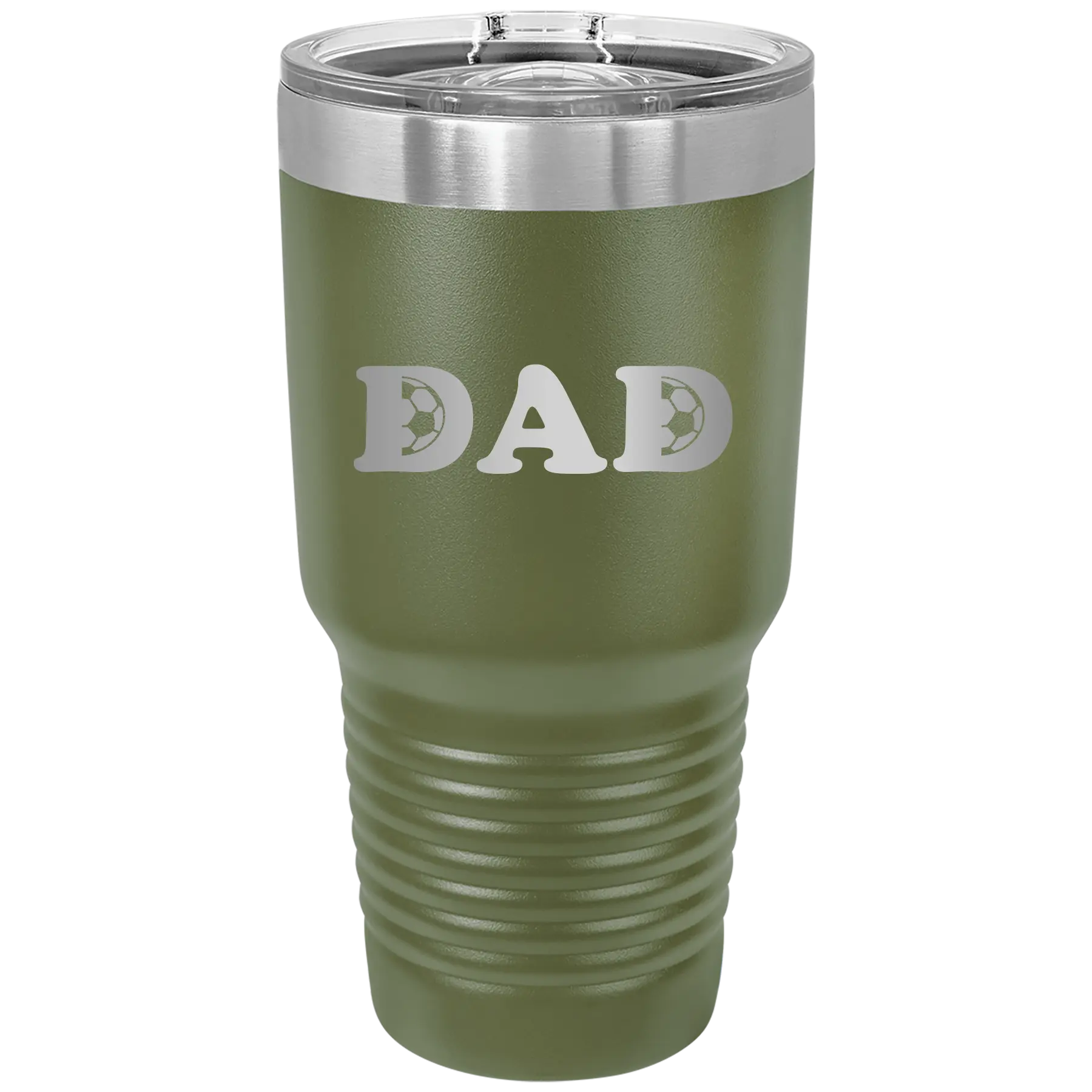 Laser etched olive green 30 oz vacuum insulated tumbler with 'Soccer Dad' design