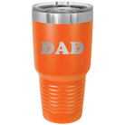 Laser etched orange 30 oz vacuum insulated tumbler with 'Soccer Dad' design