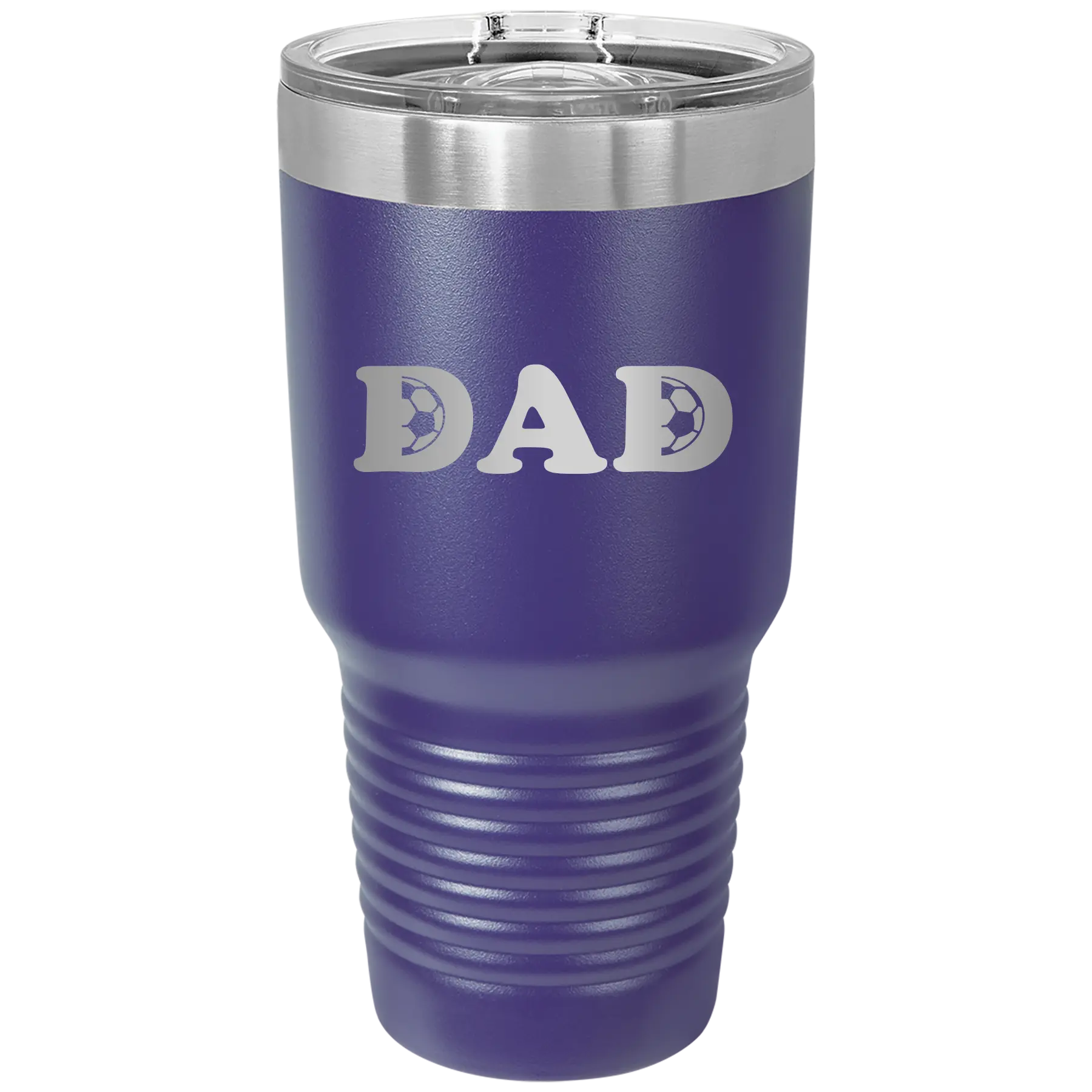 Laser etched purple 30 oz vacuum insulated tumbler with 'Soccer Dad' design