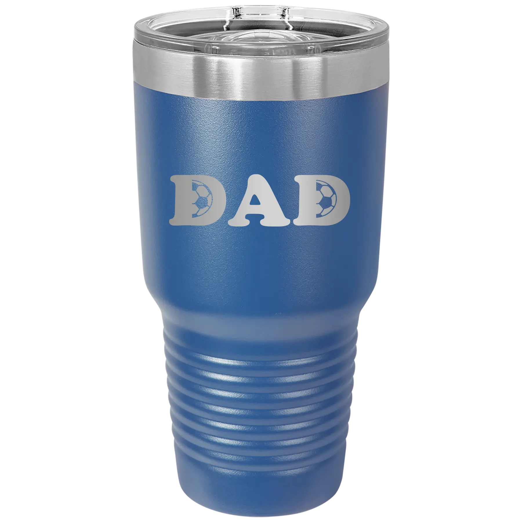 Laser etched royal blue 30 oz vacuum insulated tumbler with 'Soccer Dad' design