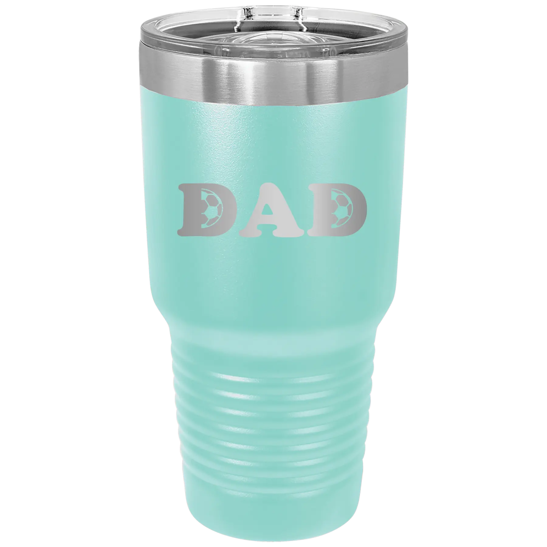 Laser etched teal 30 oz vacuum insulated tumbler with 'Soccer Dad' design
