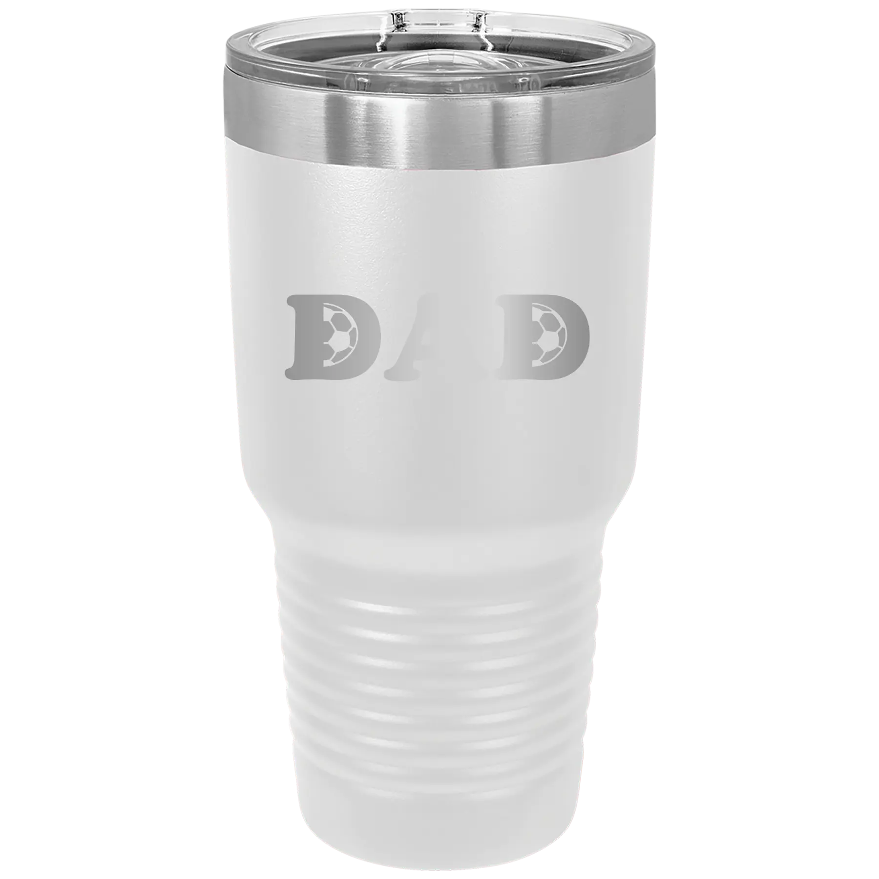 Laser etched white 30 oz vacuum insulated tumbler with 'Soccer Dad' design