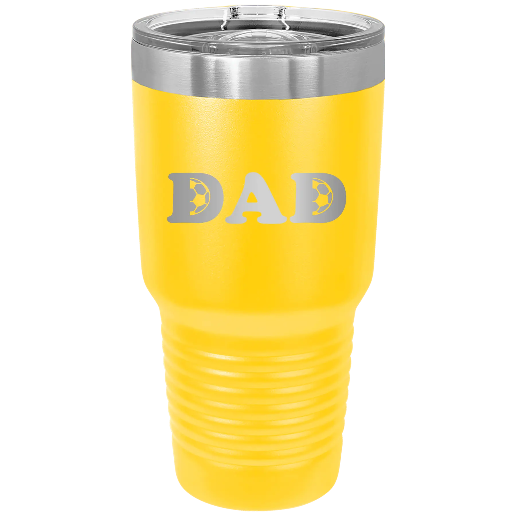 Laser etched yellow 30 oz vacuum insulated tumbler with 'Soccer Dad' design