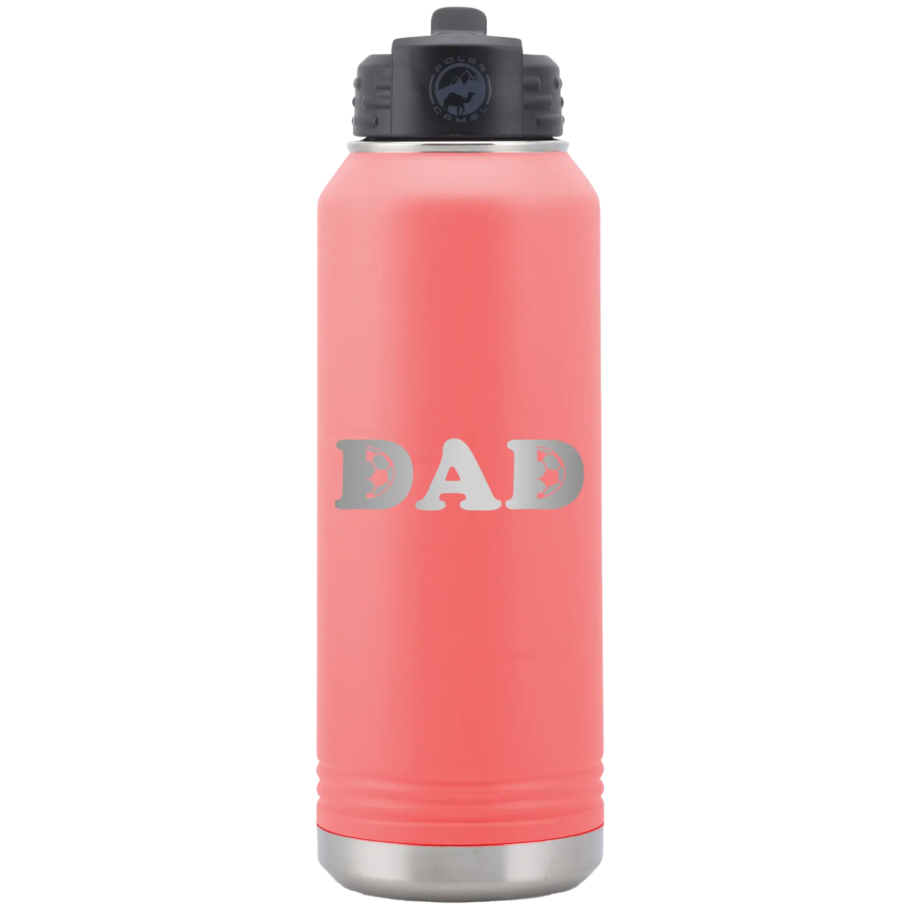 Laser etched coral 32 oz vacuum insulated water bottle with 'Soccer Dad' design