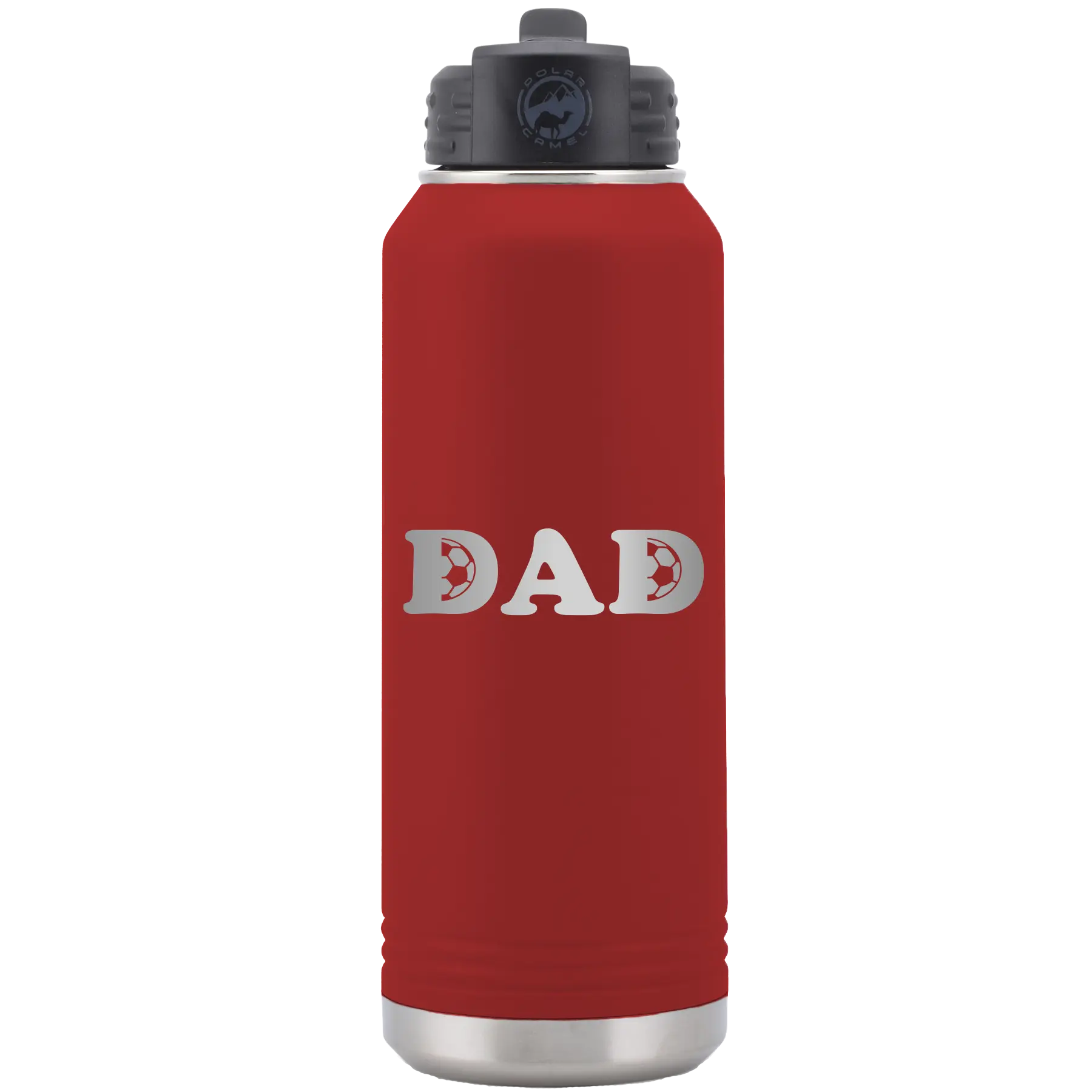 Laser etched maroon 32 oz vacuum insulated water bottle with 'Soccer Dad' design