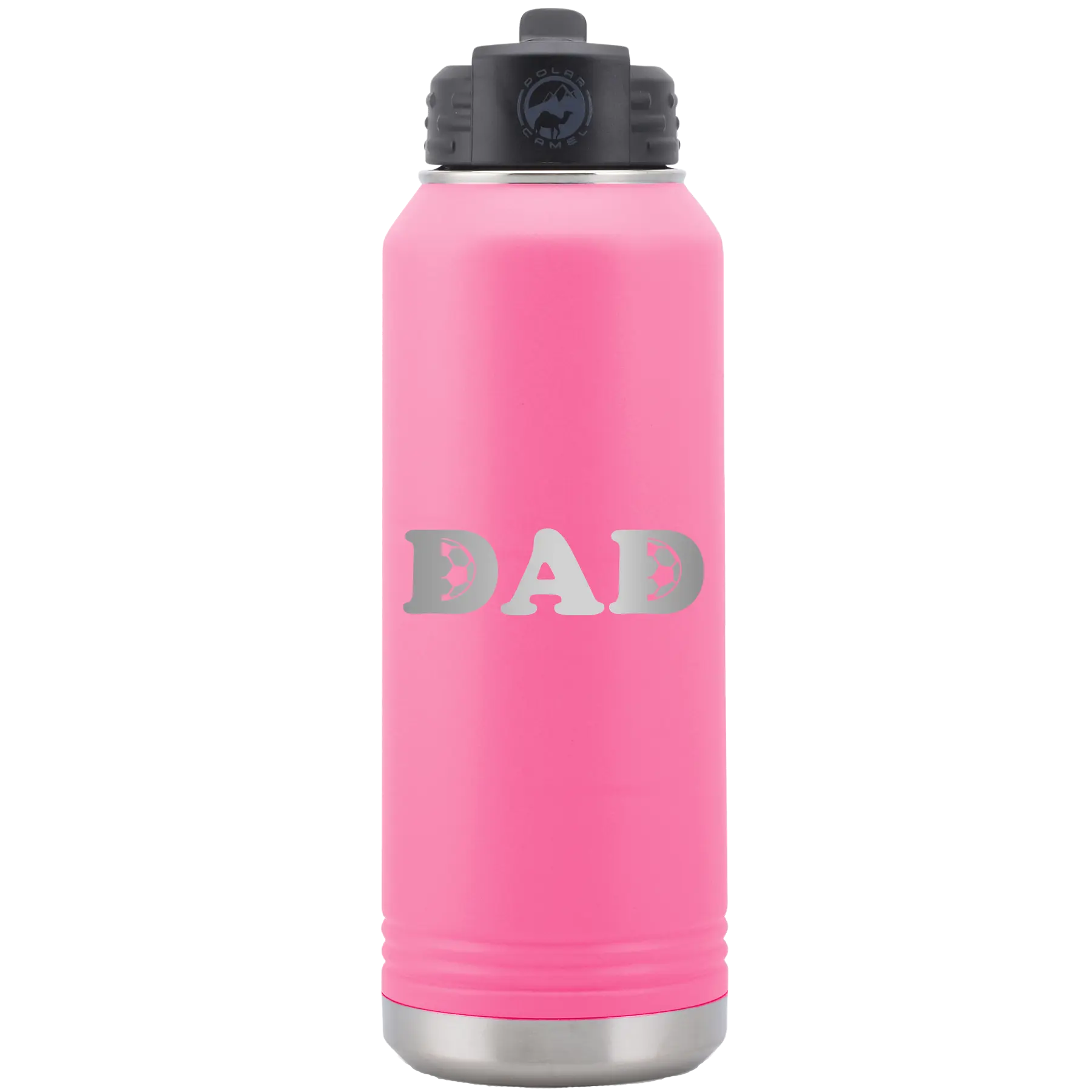 Laser etched pink 32 oz vacuum insulated water bottle with 'Soccer Dad' design