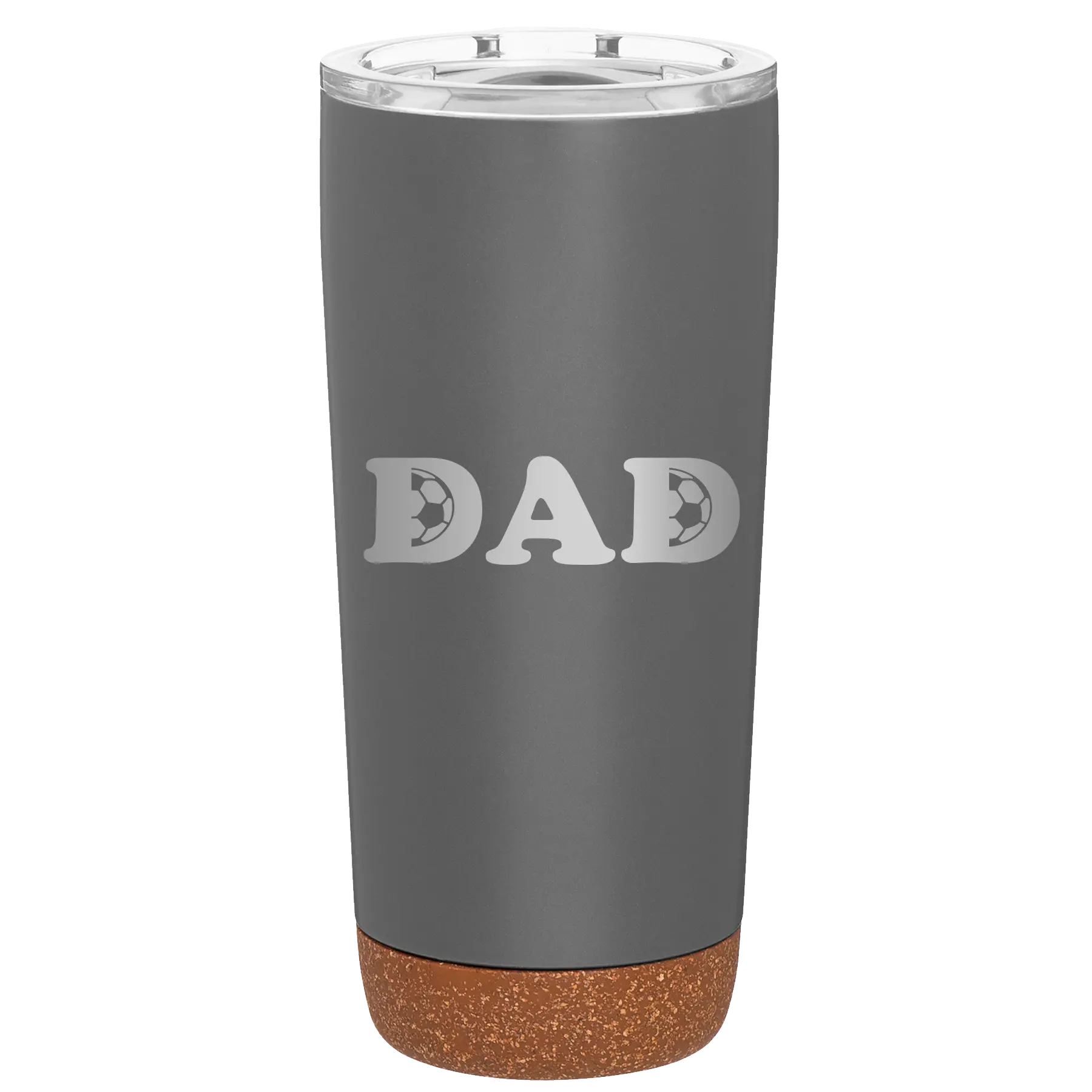 Laser etched storm gray 20 oz vacuum insulated tumbler with 'Soccer Dad' design