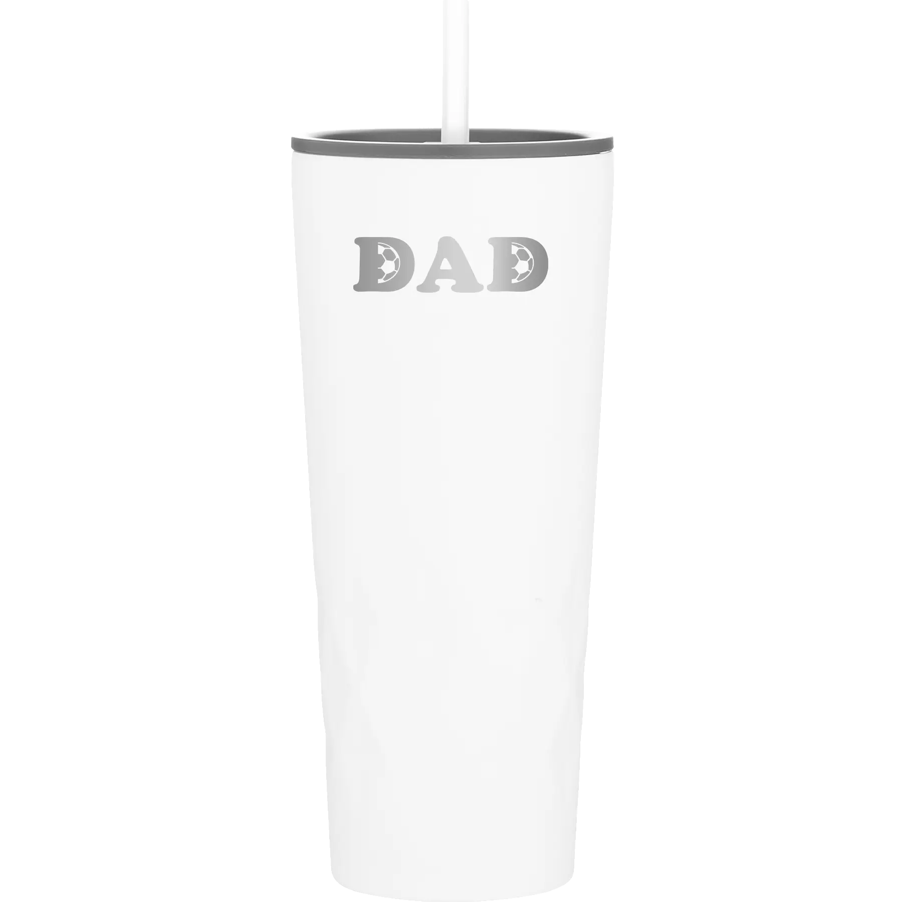Laser etched white 20 oz vacuum insulated tumbler with 'Soccer Dad' design