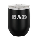 Laser etched black 12 oz vacuum insulated wine cup with 'Soccer Dad' design