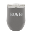 Laser etched dark gray 12 oz vacuum insulated wine cup with 'Soccer Dad' design