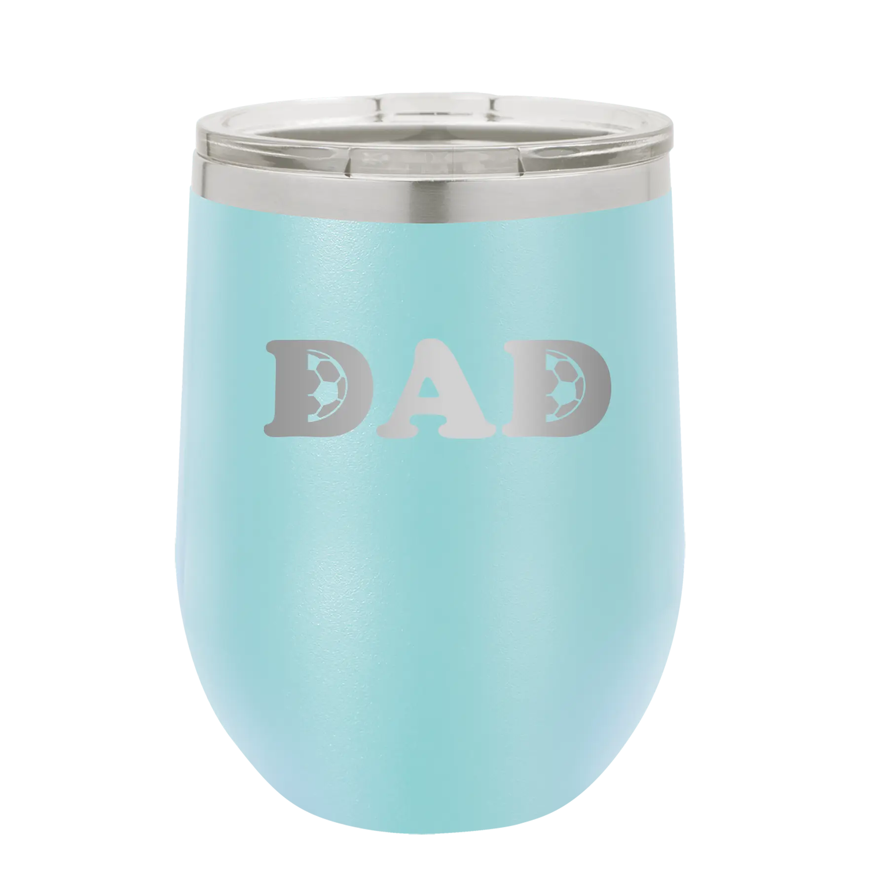 Laser etched light blue 12 oz vacuum insulated wine cup with 'Soccer Dad' design