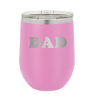 Laser etched light purple 12 oz vacuum insulated wine cup with 'Soccer Dad' design