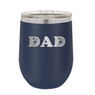 Laser etched navy 12 oz vacuum insulated wine cup with 'Soccer Dad' design