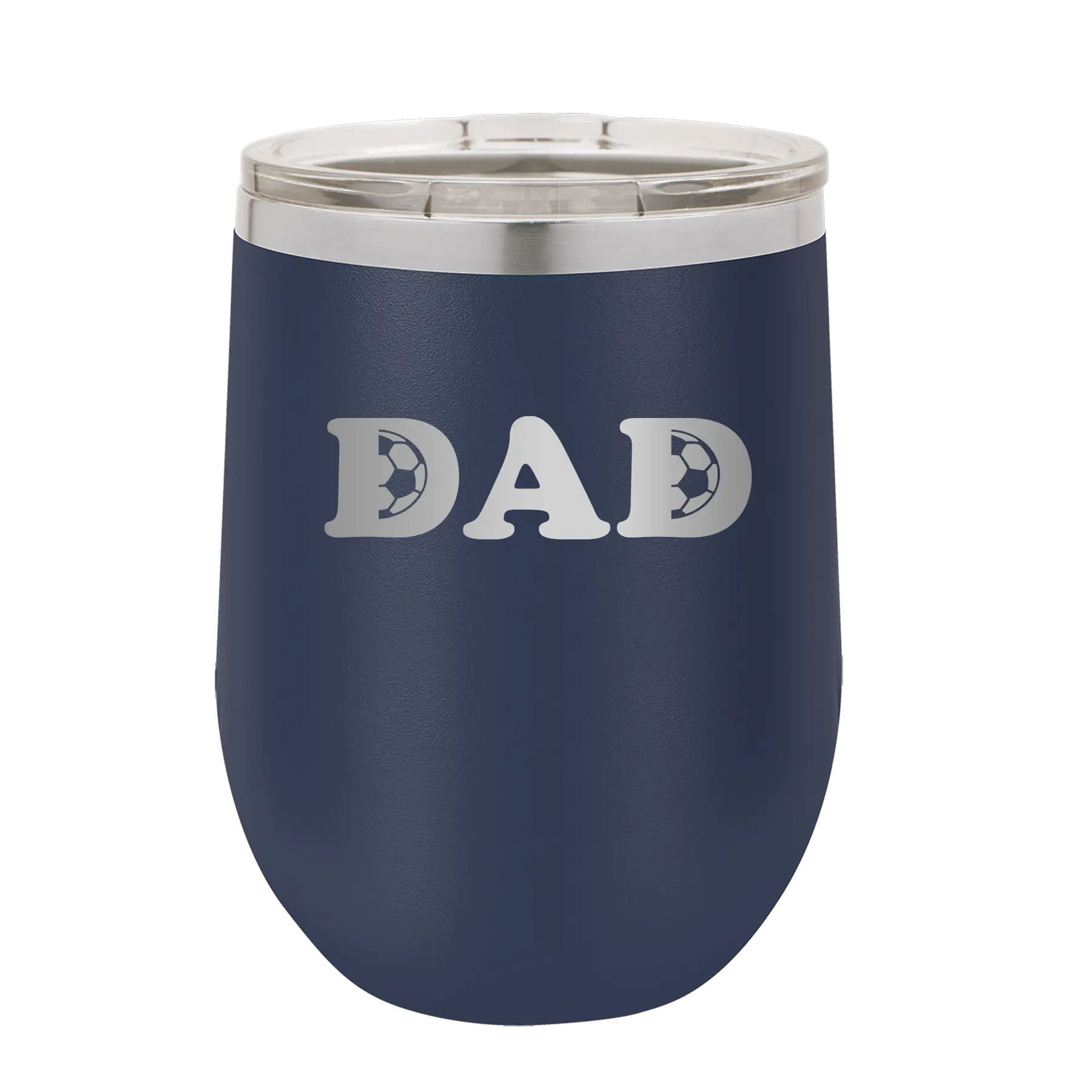 Laser etched navy 12 oz vacuum insulated wine cup with 'Soccer Dad' design