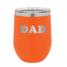 Laser etched orange 12 oz vacuum insulated wine cup with 'Soccer Dad' design