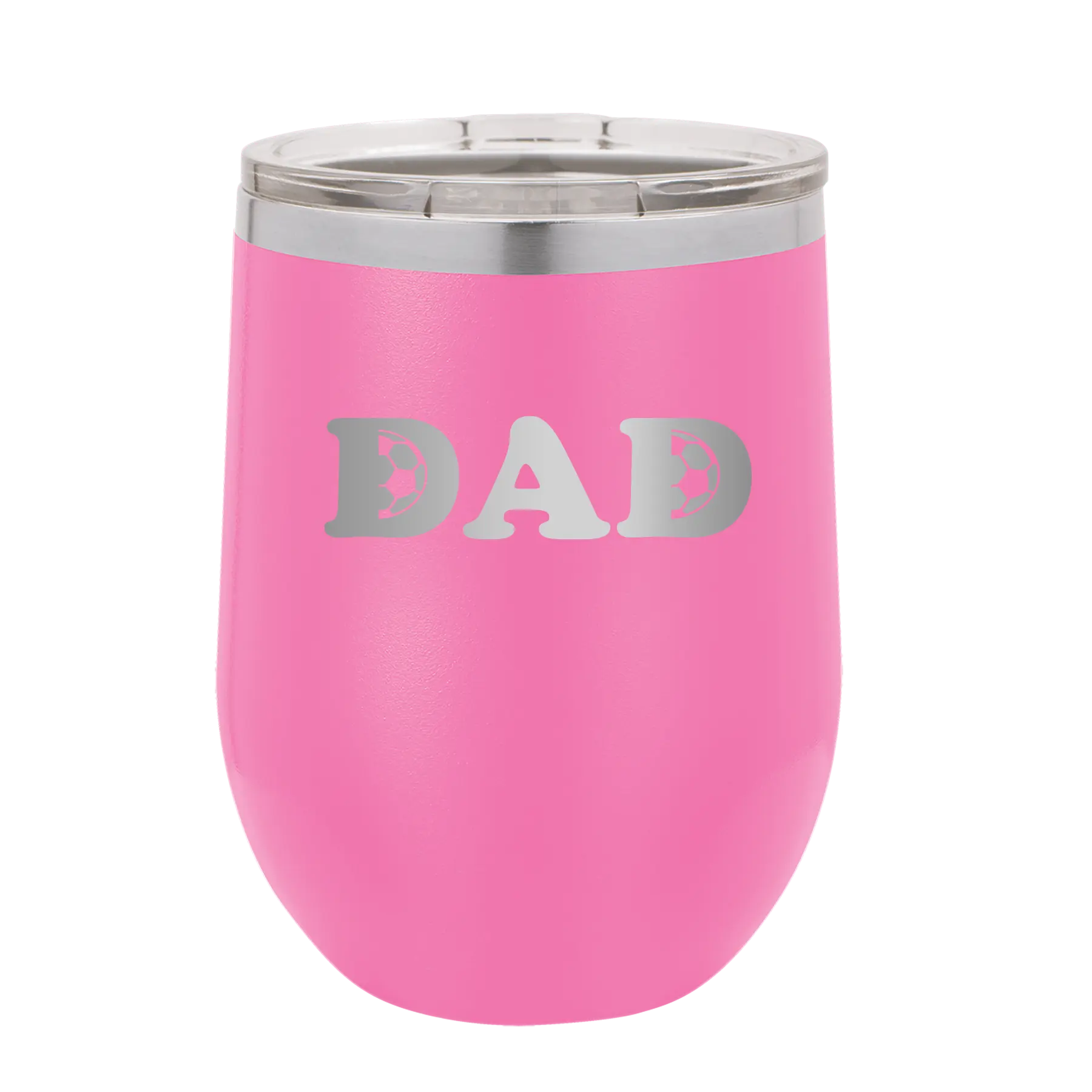 Laser etched pink 12 oz vacuum insulated wine cup with 'Soccer Dad' design