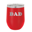 Laser etched red 12 oz vacuum insulated wine cup with 'Soccer Dad' design