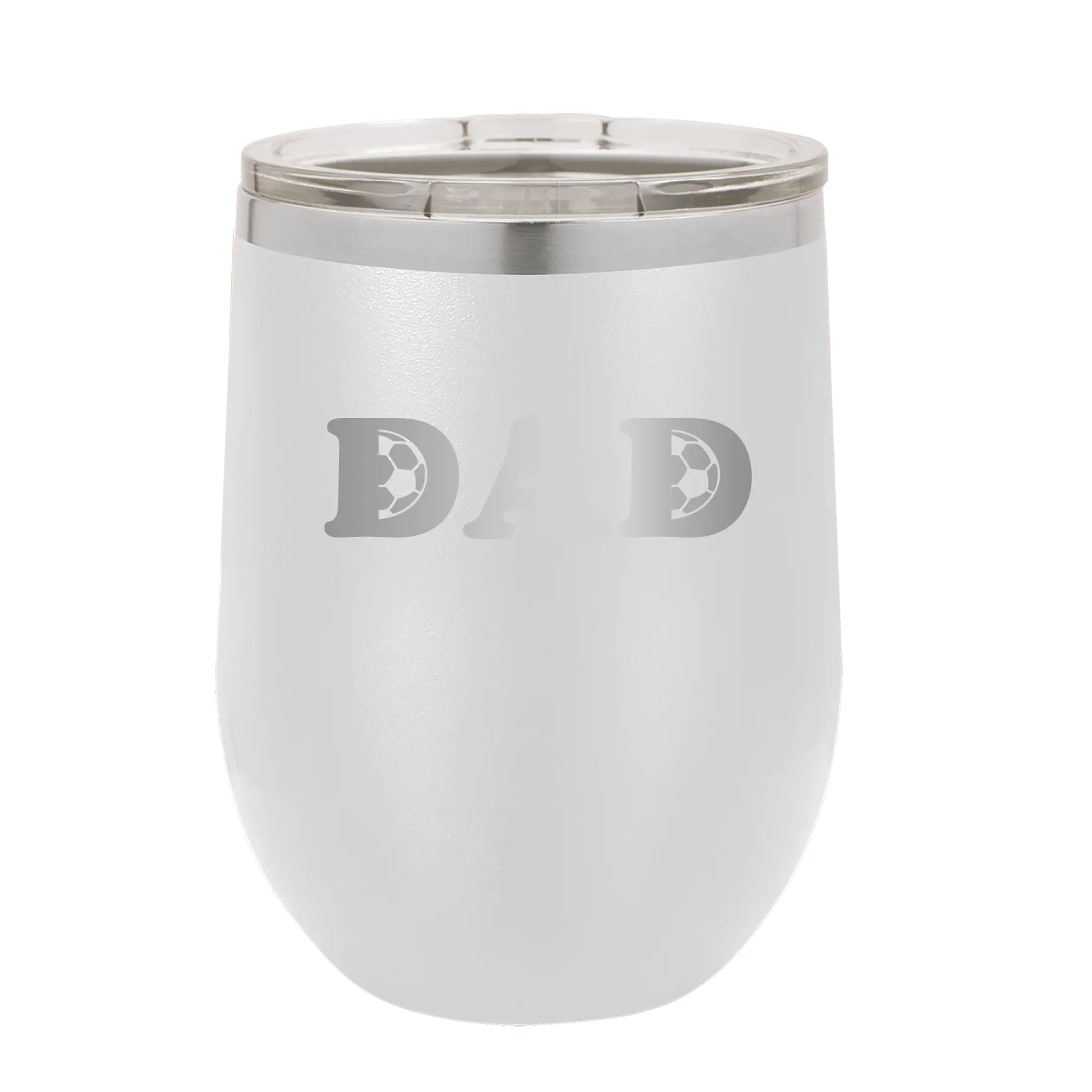 Laser etched white 12 oz vacuum insulated wine cup with 'Soccer Dad' design