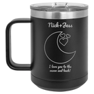 Personalized black 15 oz vacuum insulated coffee mug with 'Love You To the Moon' design