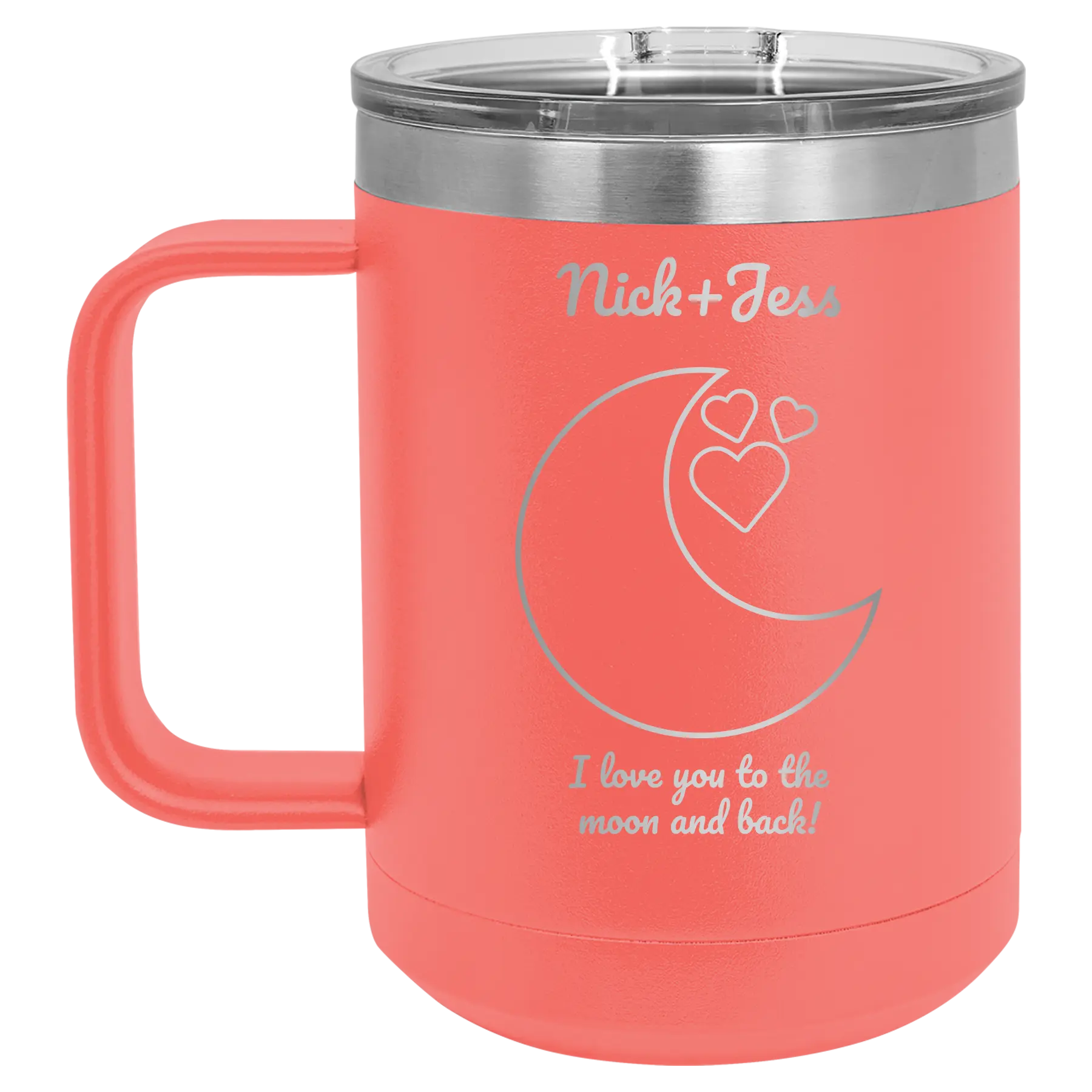 Personalized coral 15 oz vacuum insulated coffee mug with 'Love You To the Moon' design