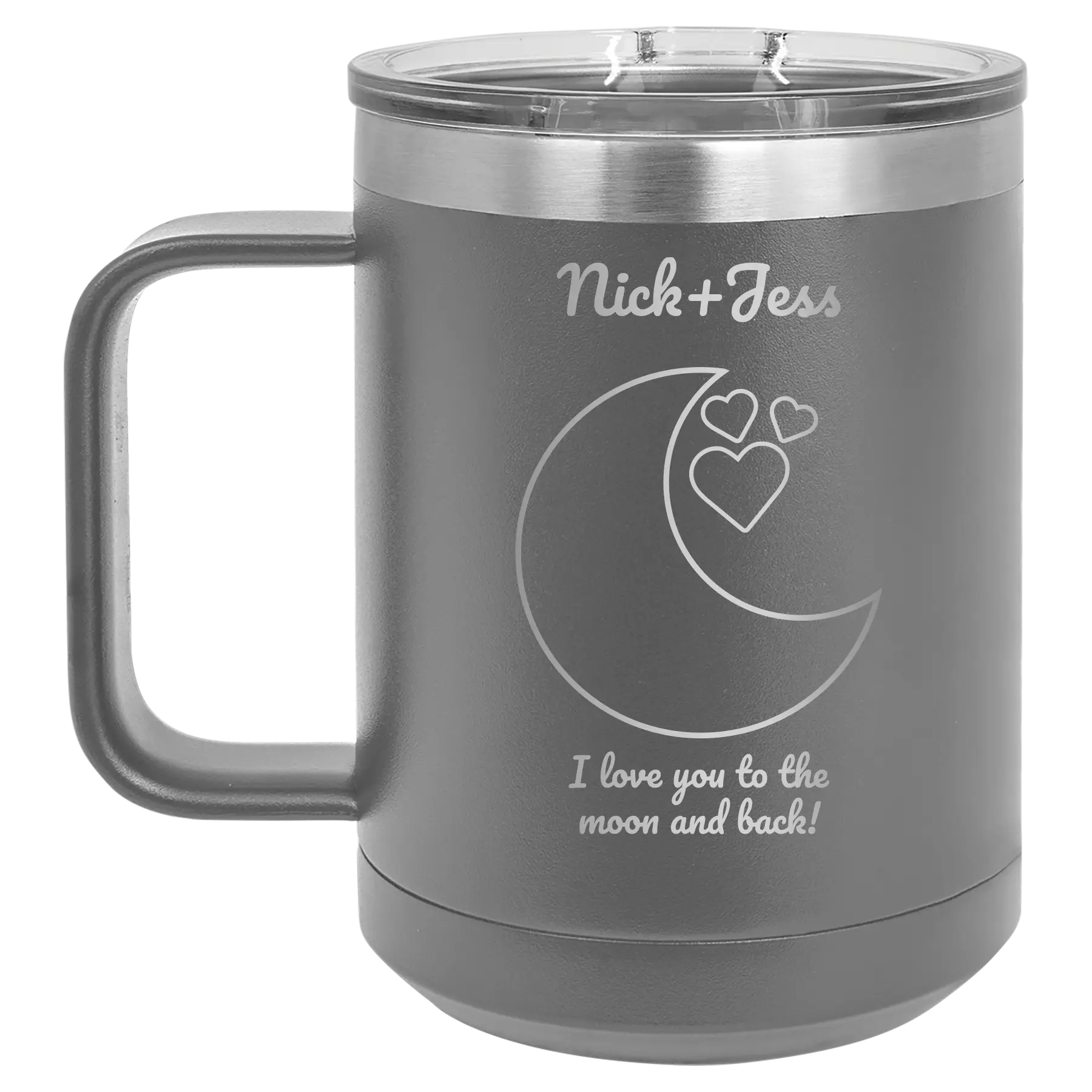 Personalized dark gray 15 oz vacuum insulated coffee mug with 'Love You To the Moon' design