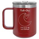 Personalized maroon 15 oz vacuum insulated coffee mug with 'Love You To the Moon' design