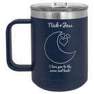 Personalized navy 15 oz vacuum insulated coffee mug with 'Love You To the Moon' design