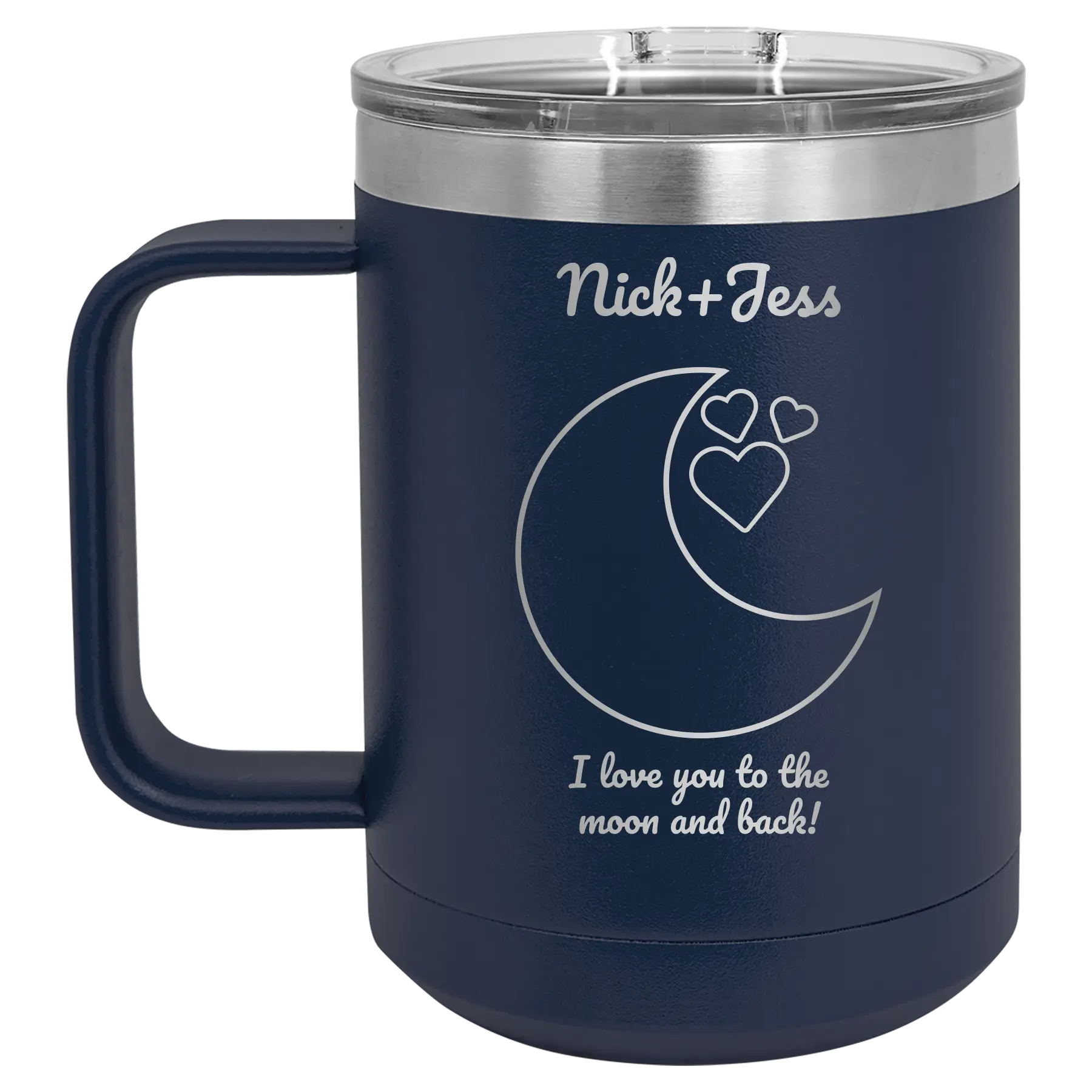 Personalized navy 15 oz vacuum insulated coffee mug with 'Love You To the Moon' design
