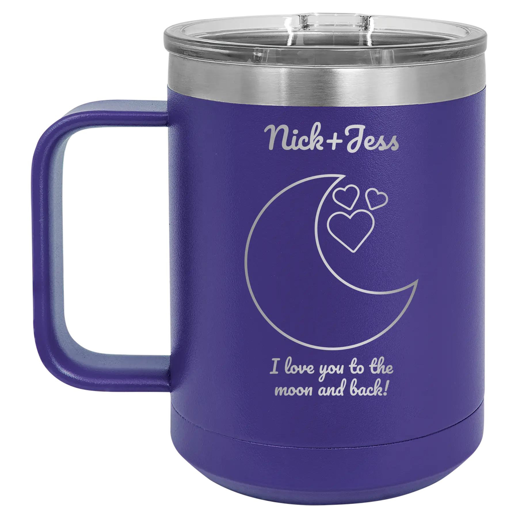 Personalized purple 15 oz vacuum insulated coffee mug with 'Love You To the Moon' design