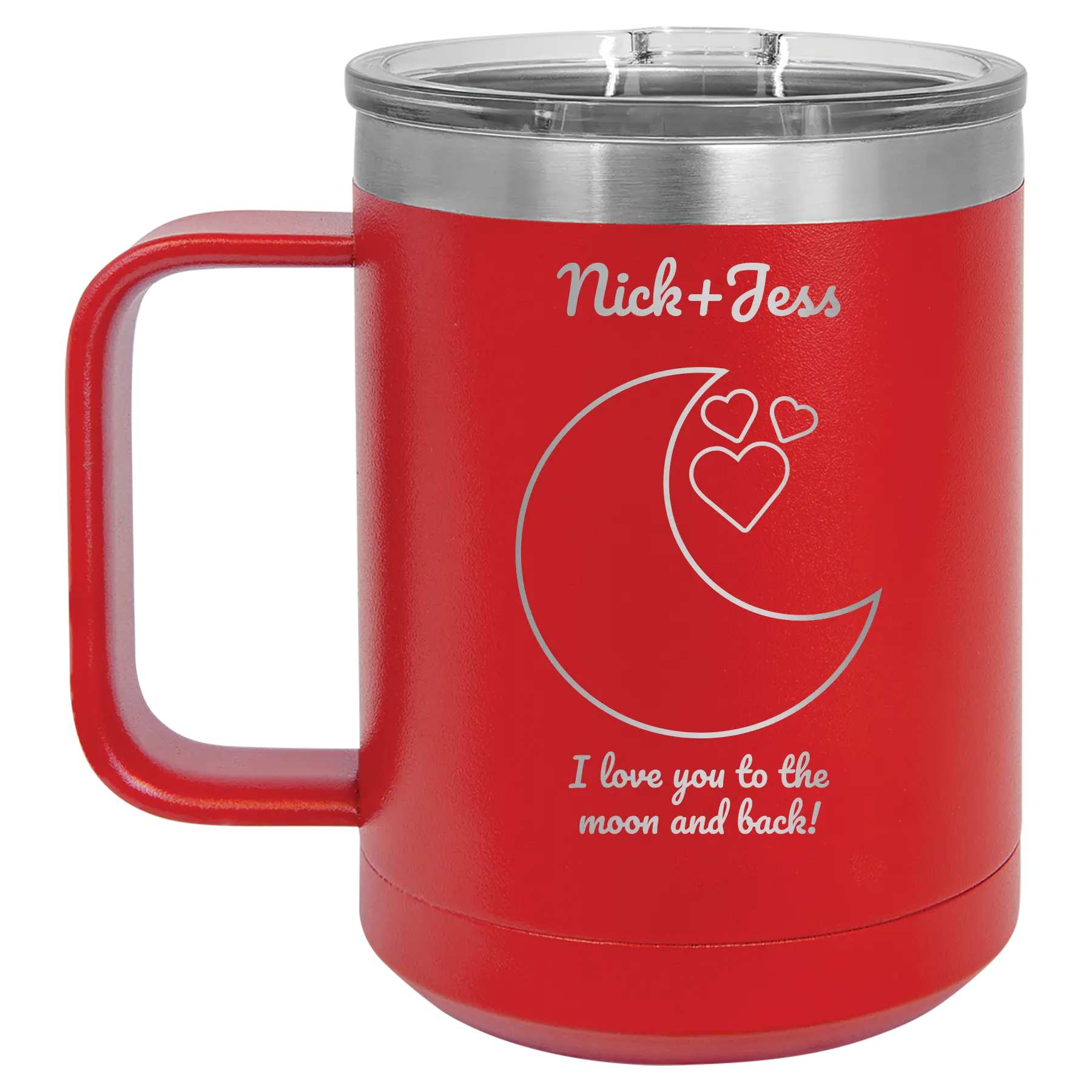 Personalized red 15 oz vacuum insulated coffee mug with 'Love You To the Moon' design