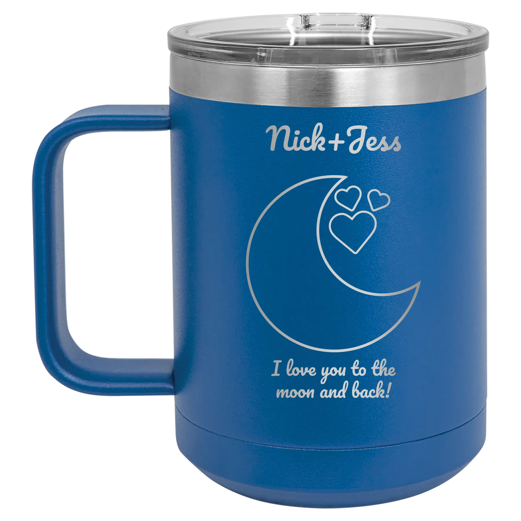 Personalized royal blue 15 oz vacuum insulated coffee mug with 'Love You To the Moon' design