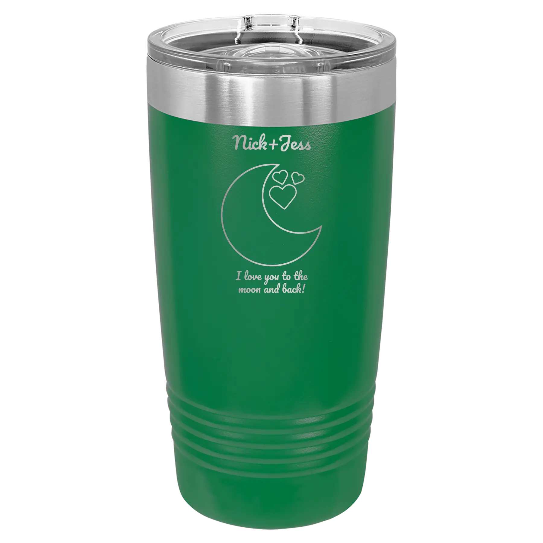 Personalized green 20 oz vacuum insulated tumbler with 'Love You To the Moon' design