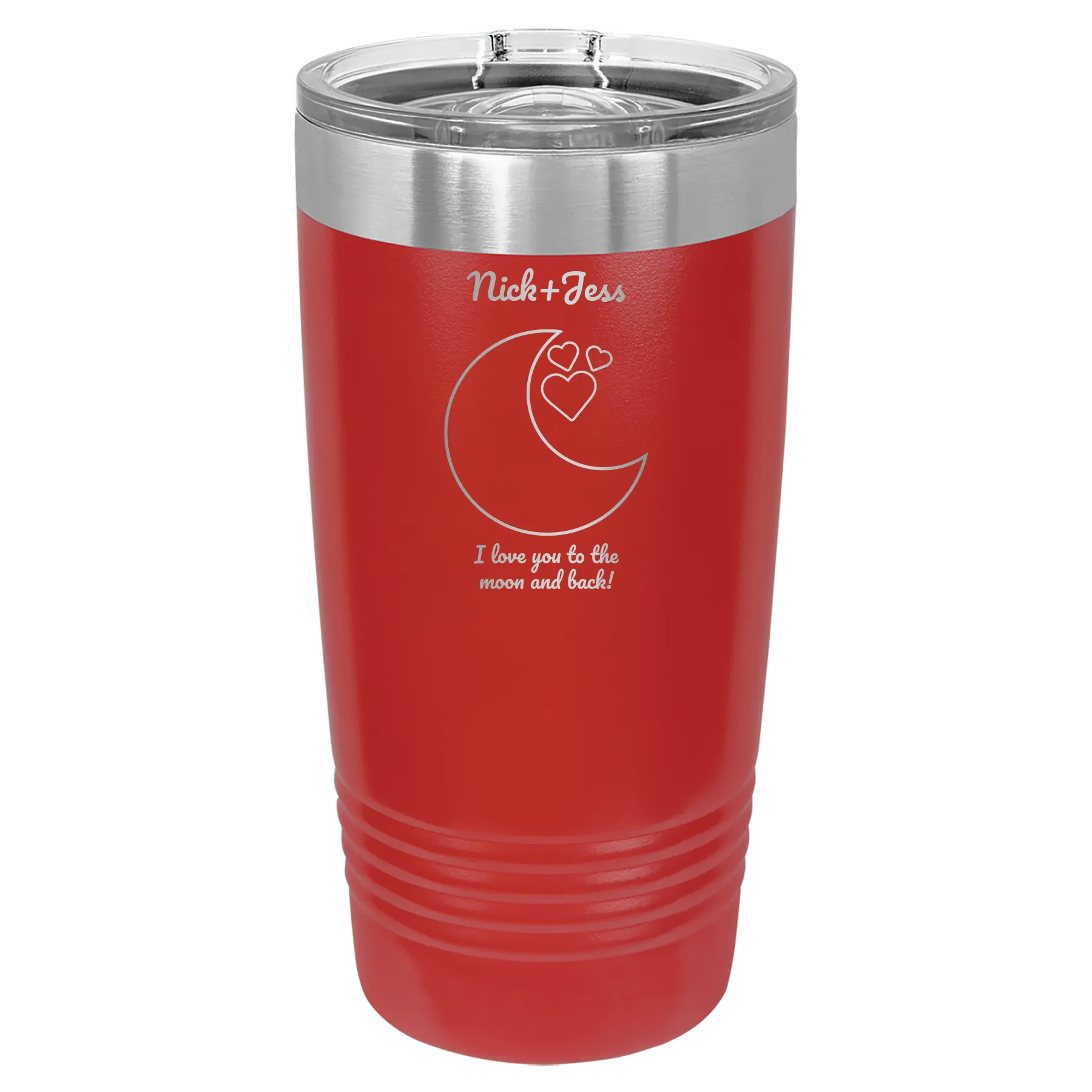 Personalized red 20 oz vacuum insulated tumbler with 'Love You To the Moon' design