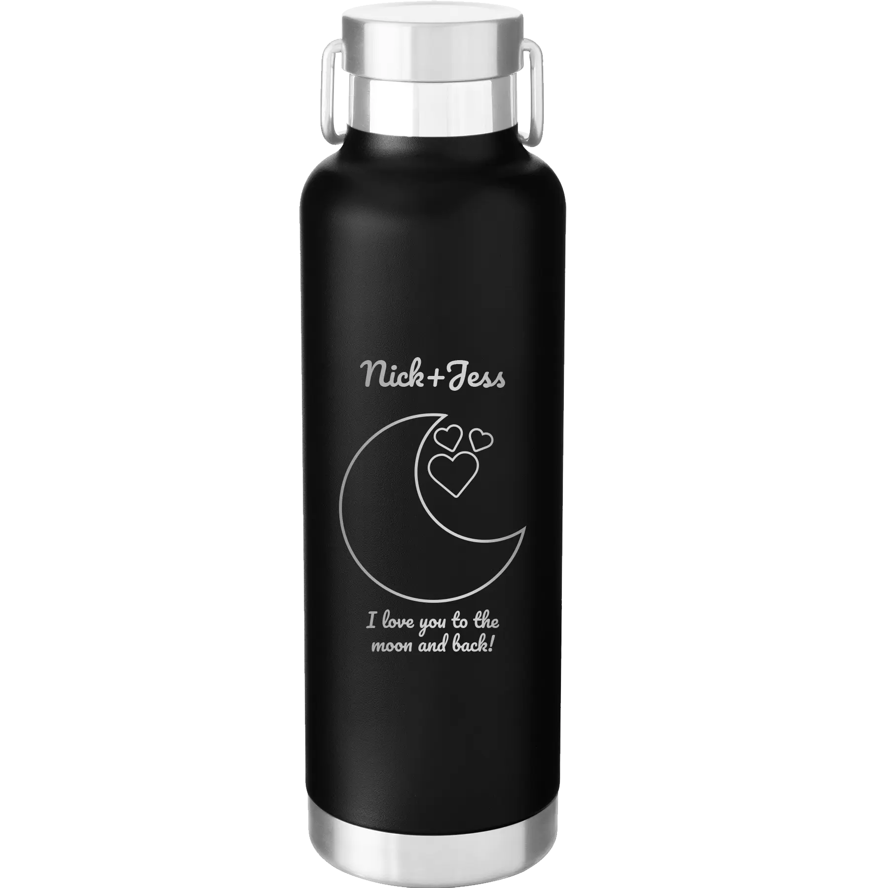 Personalized black 24 oz vacuum insulated water bottle with 'Love You To the Moon' design