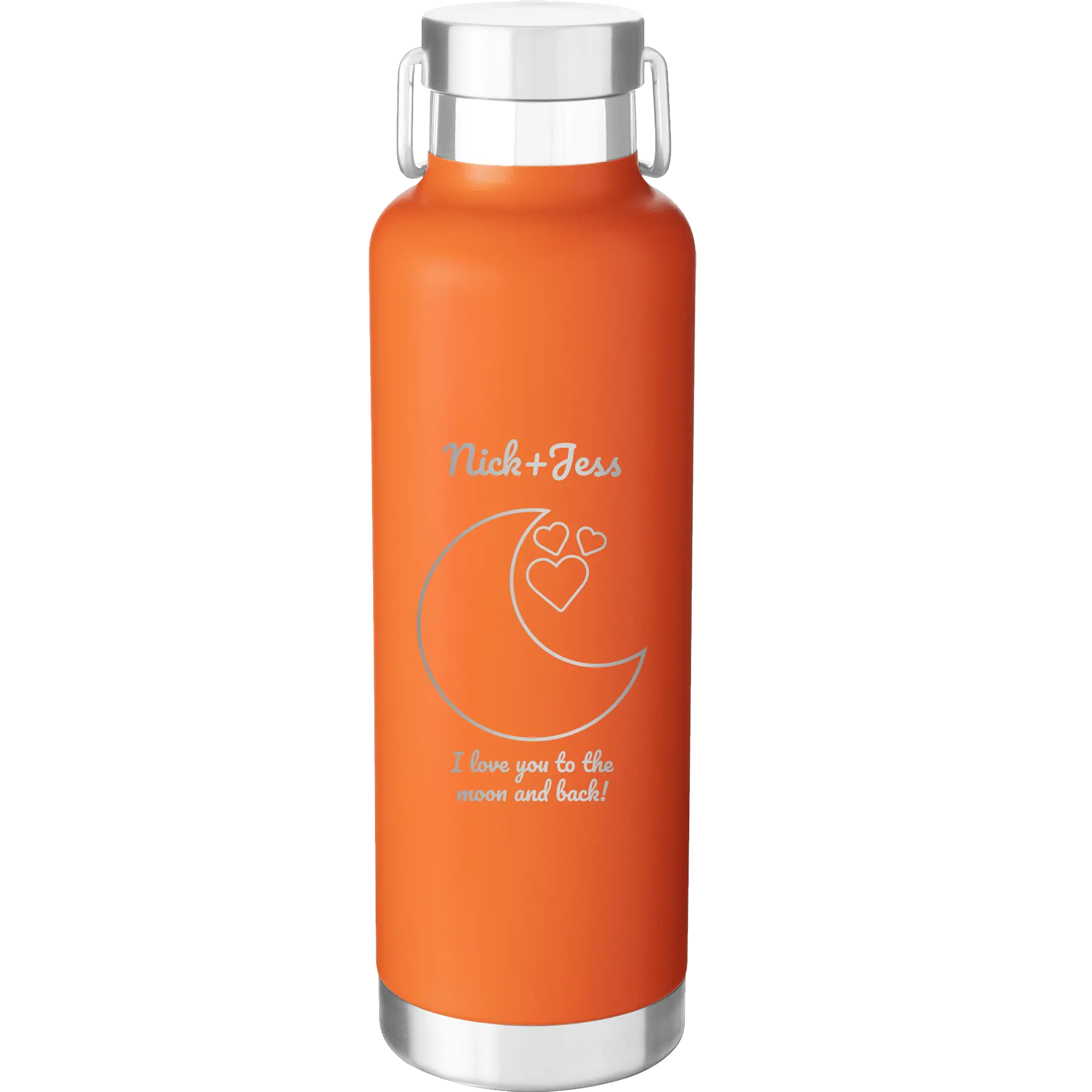 Personalized orange 24 oz vacuum insulated water bottle with 'Love You To the Moon' design