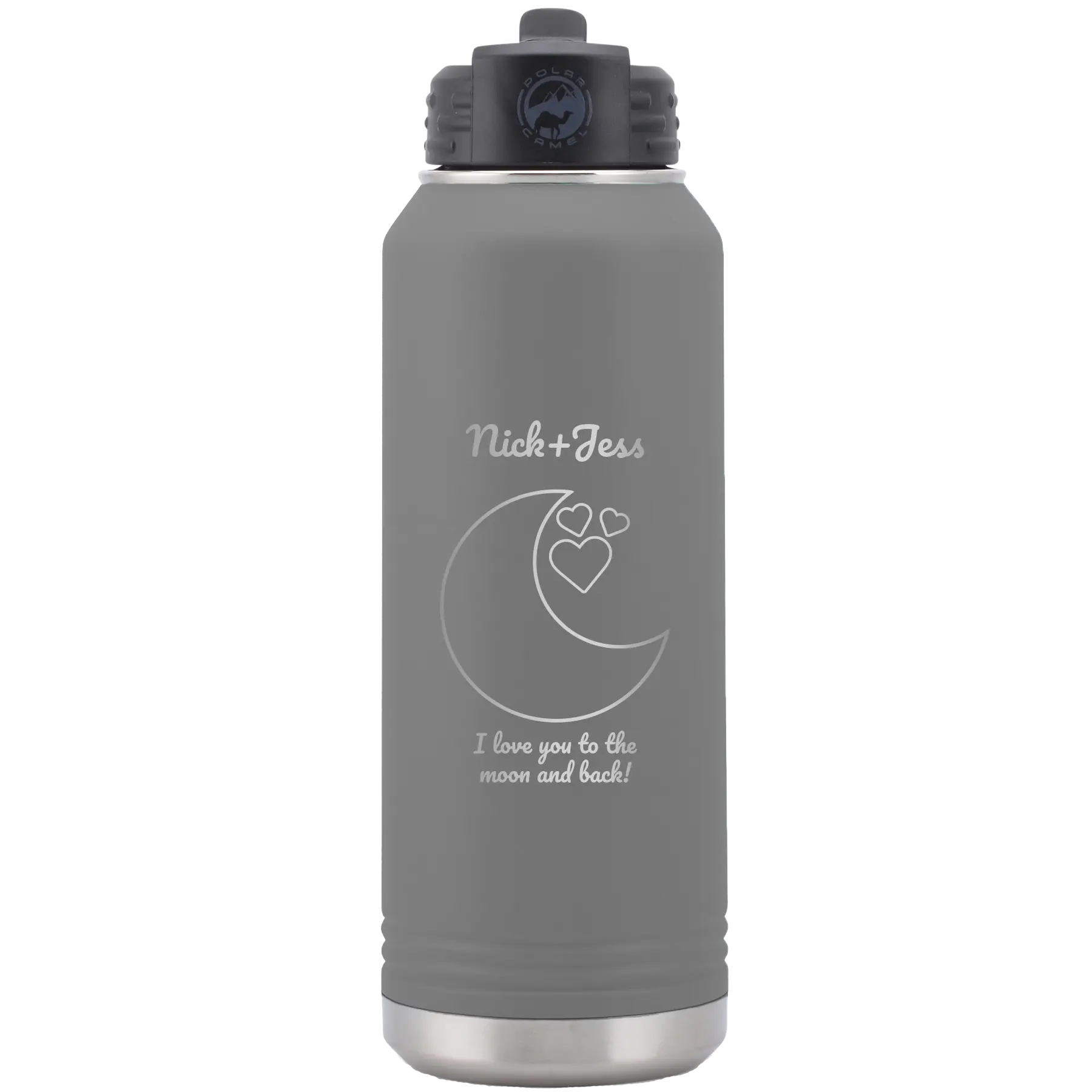 Personalized dark gray 32 oz vacuum insulated water bottle with 'Love You To the Moon' design