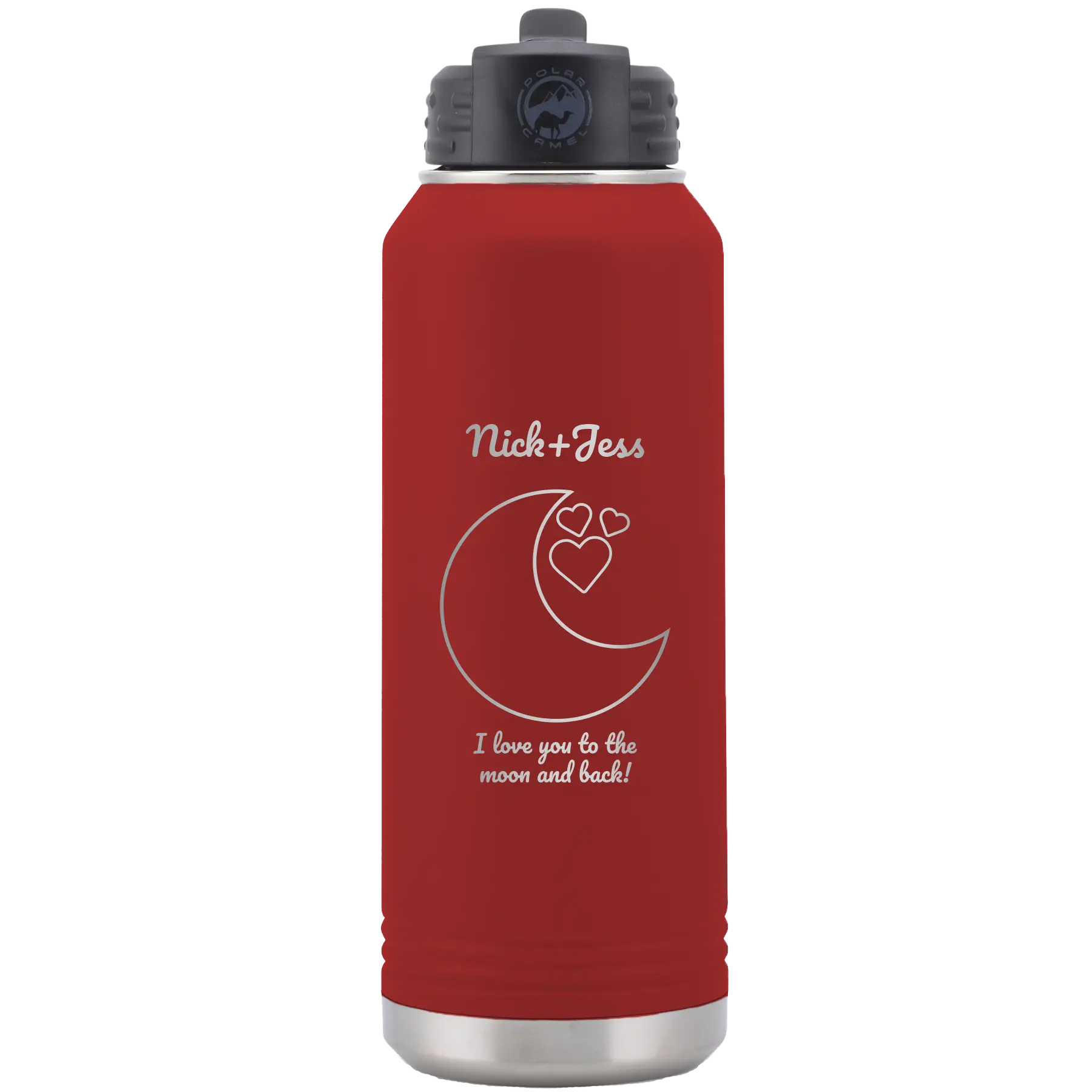 Personalized maroon 32 oz vacuum insulated water bottle with 'Love You To the Moon' design