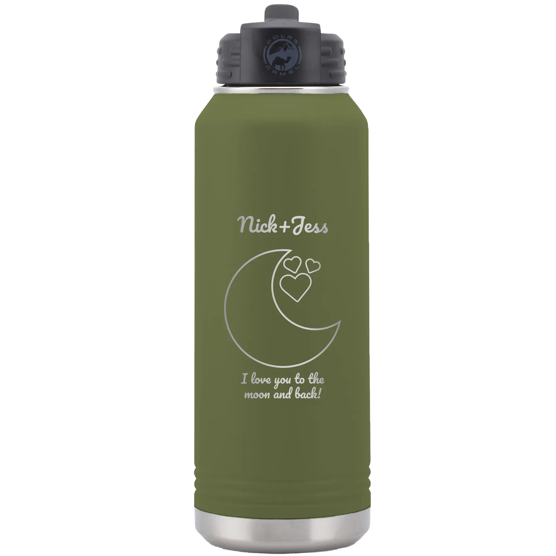 Personalized olive green 32 oz vacuum insulated water bottle with 'Love You To the Moon' design